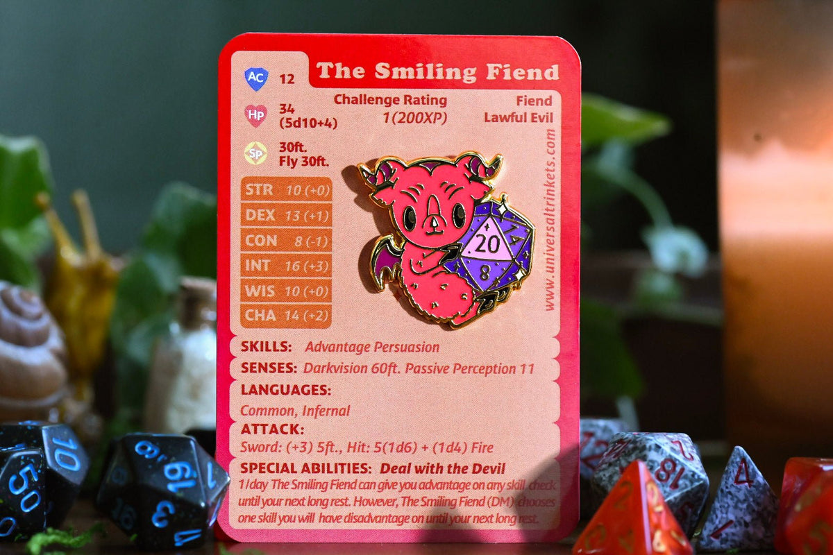 DND Devil Enamel Pin shown with The Smiling Fiend stat block backing card