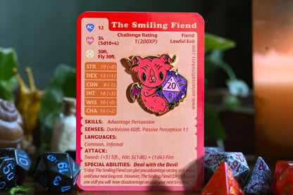 DND Devil Enamel Pin shown with The Smiling Fiend stat block backing card