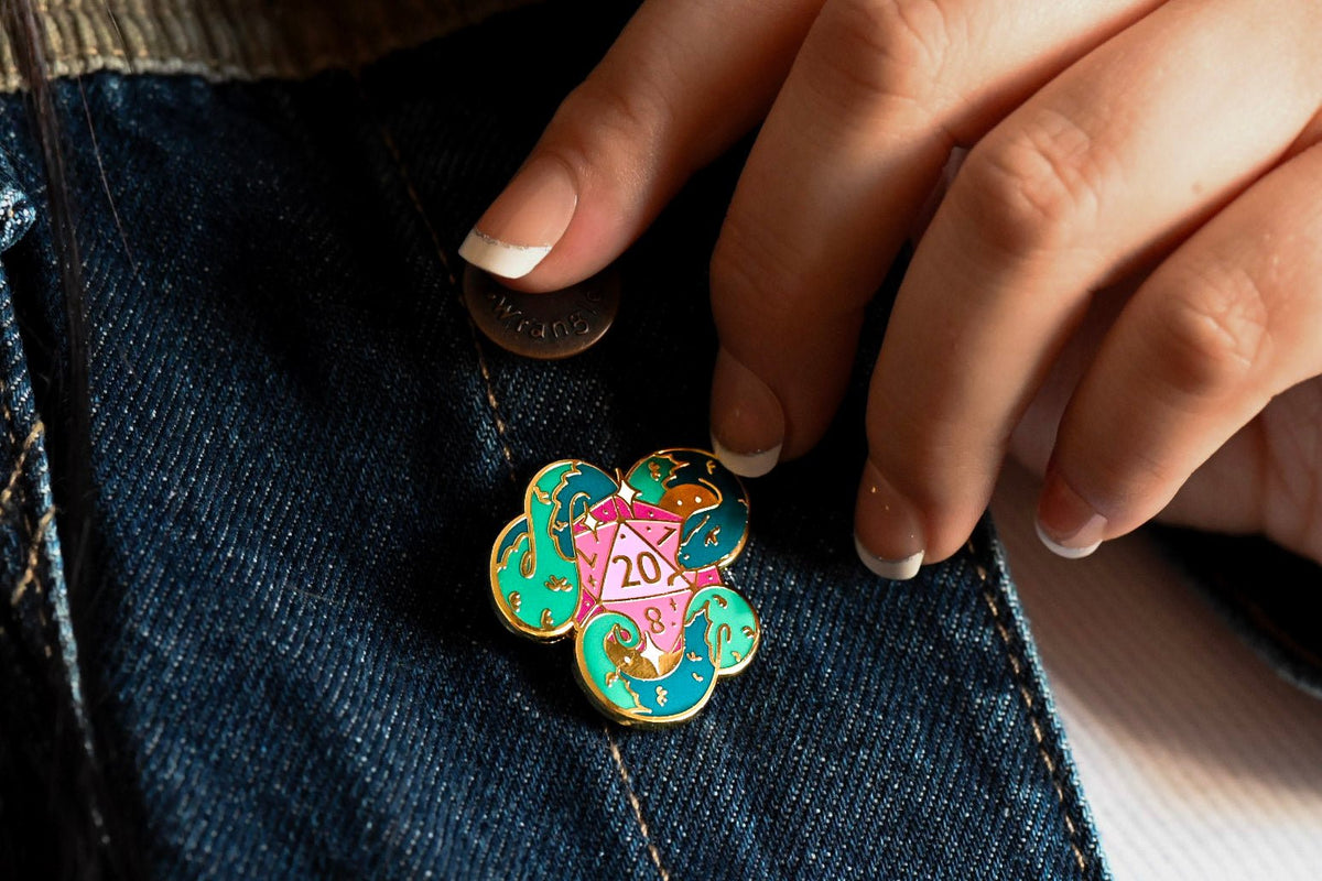Fantasy Snake Enamel Pin worn on a shirt
