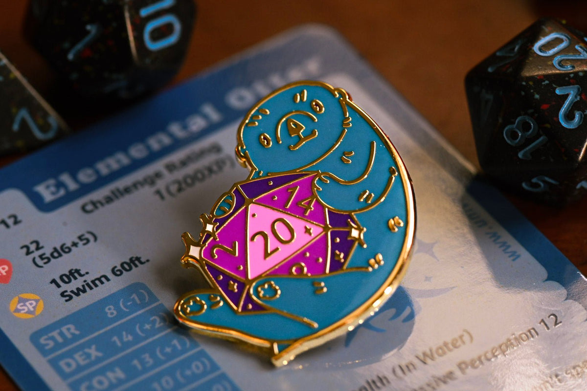 Fantasy Otter Enamel Pin - purple and gold hard enamel pin with butterfly clutch back